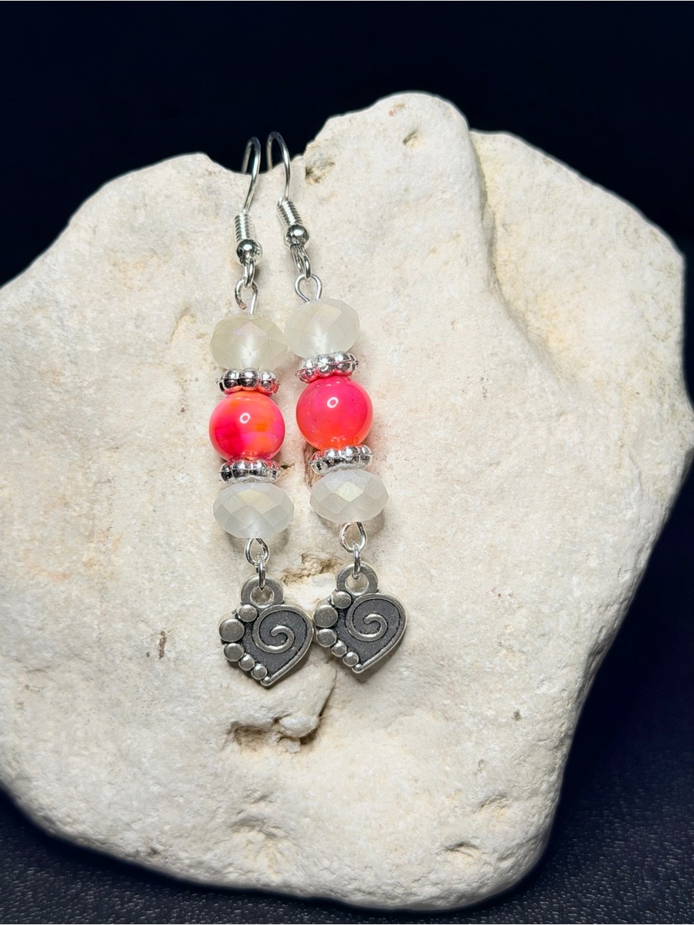 ✨Handmade✨ Pink Bead Heart Dangle Earrings w/ Silver Accents